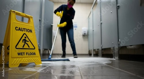 janitor mopping public restroom floor with wet floor caution sign. Cleaning service worker in mask and uniform
