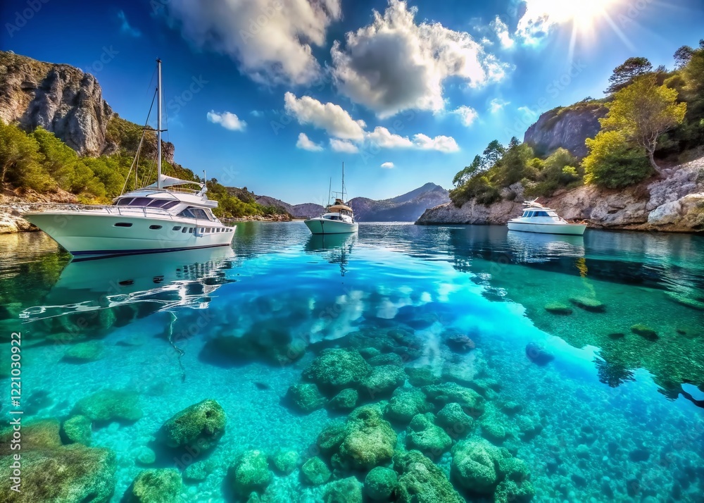Obraz premium Sunny Summer Bay: Yachts at Anchor, Vertical Video Stock Photo