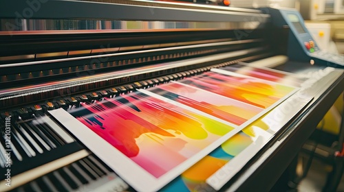 Printing a large, colorful, abstract poster on a professional printing machine photo