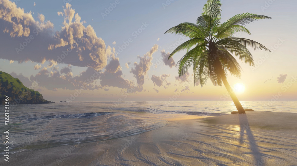 Fototapeta premium sunrise at sandy beach with palm tree