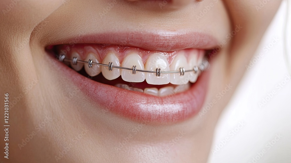 Fototapeta premium Portrait of a woman with orthodontic braces, highlighting a bright smile.
