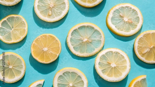 Flay Lay Photography of Lemon Slices with Vibrant Background photo