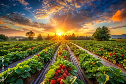 Sunrise Over Strawberry Field: Vibrant Colors and Lush Landscape