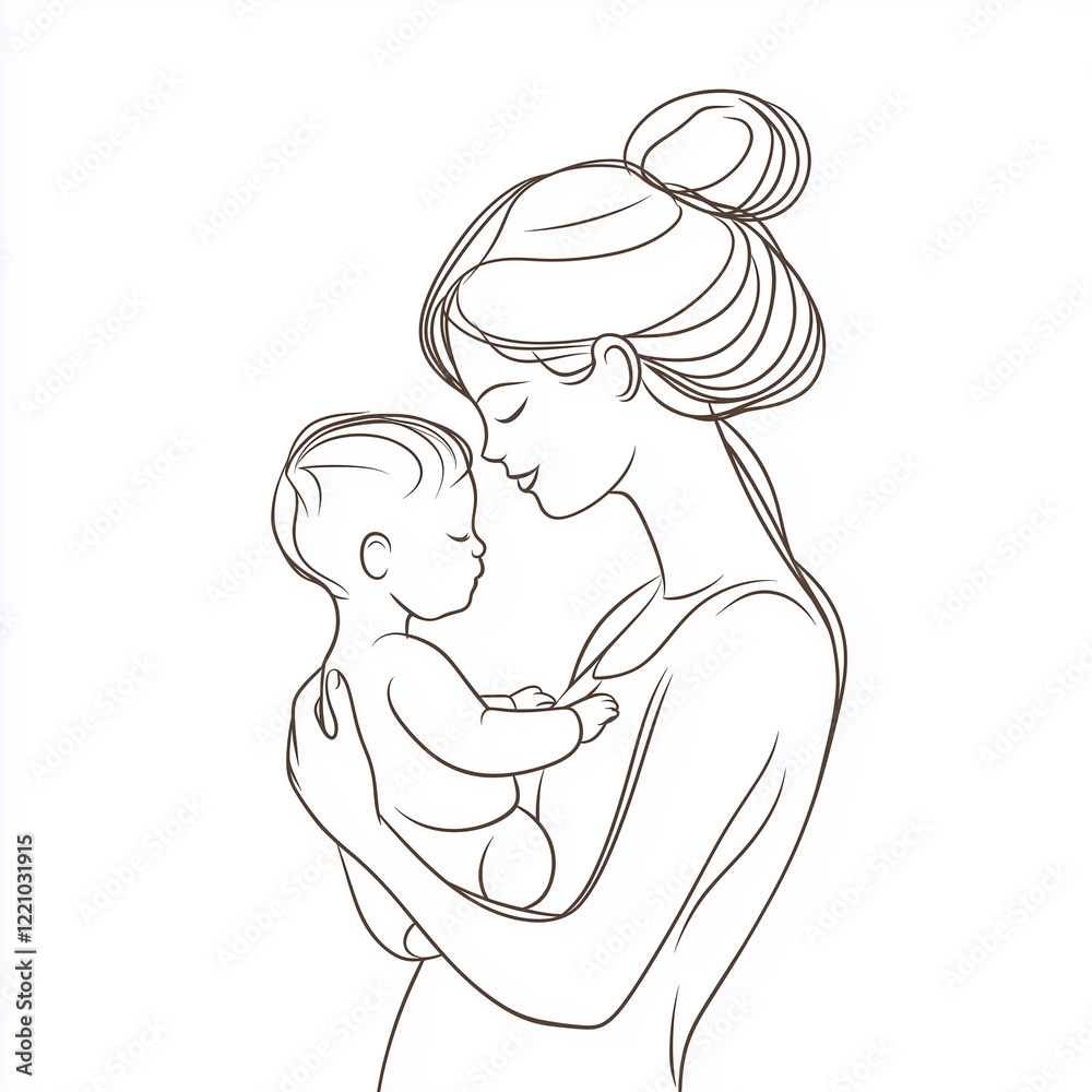 Loving Mother Holding Newborn Baby in Outline Style Loving Mother Holding Newborn Baby in Outline Style