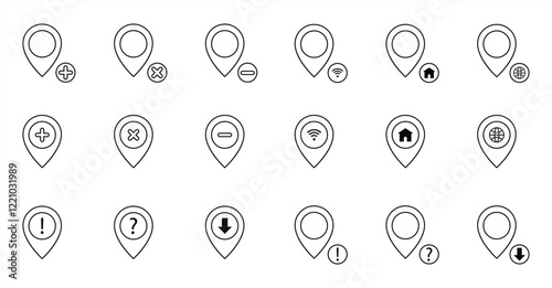 Outline Location Icon Set Featuring Various Symbols and Concepts