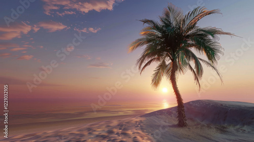 sunrise at sandy beach with palm tree