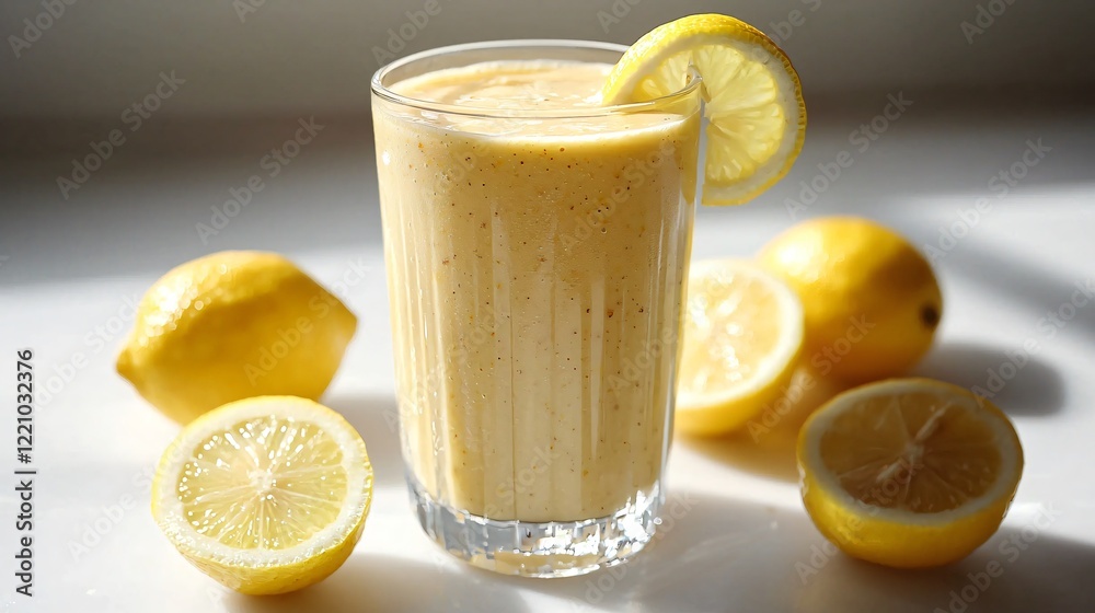 Refreshing Lemon Smoothie in a Glass with Fresh Lemon Slices Around Refreshing Lemon Smoothie in a Glass with Fresh Lemon Slices Around