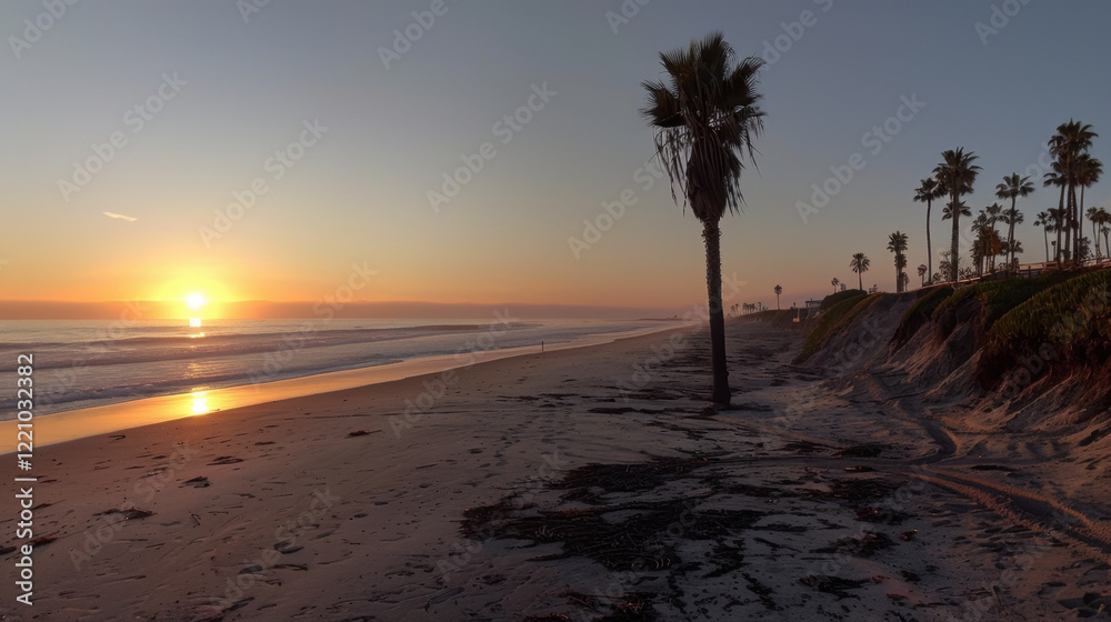 Fototapeta premium sunrise at sandy beach with palm tree