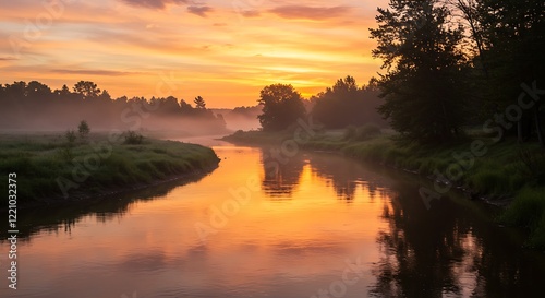 Misty sunrise over tranquil river. Peaceful morning nature landscape.  Forest.