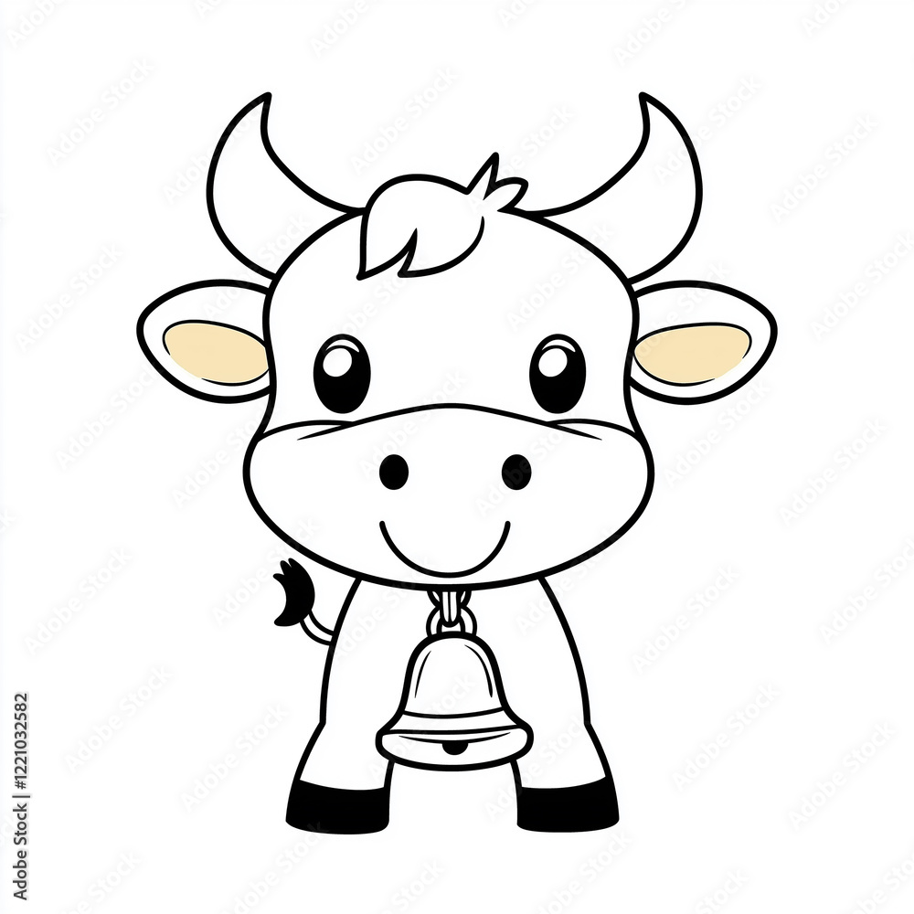 Fototapeta premium Cute Cartoon White Bull with Bell, Perfect for Coloring Books