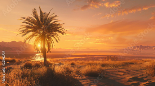 sunrise at sandy beach with palm tree