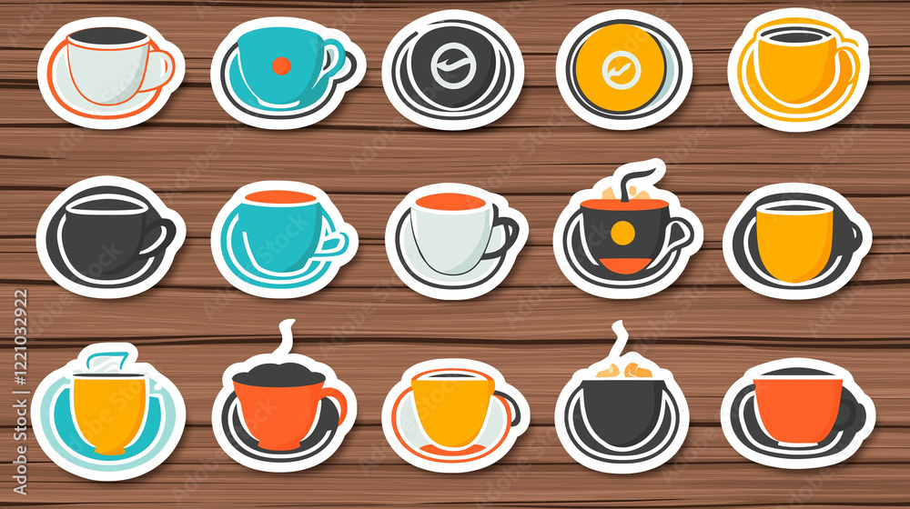 ภาพประกอบสต็อก Coffee Cup Stickers on Wood: An array of colorful, flat ...
