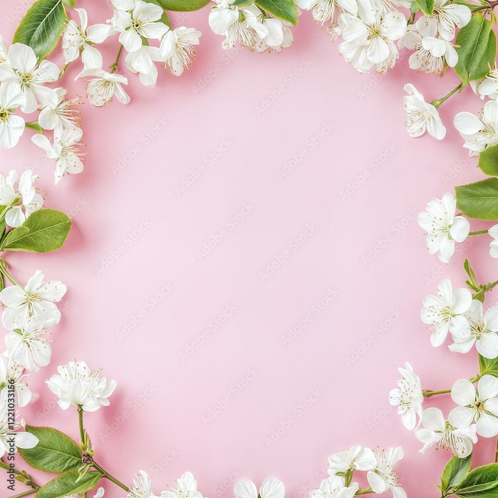 Fresh white flowers arranged elegantly around a pink background creating a delicate floral frame Fresh white flowers arranged elegantly around a pink background creating a delicate floral frame