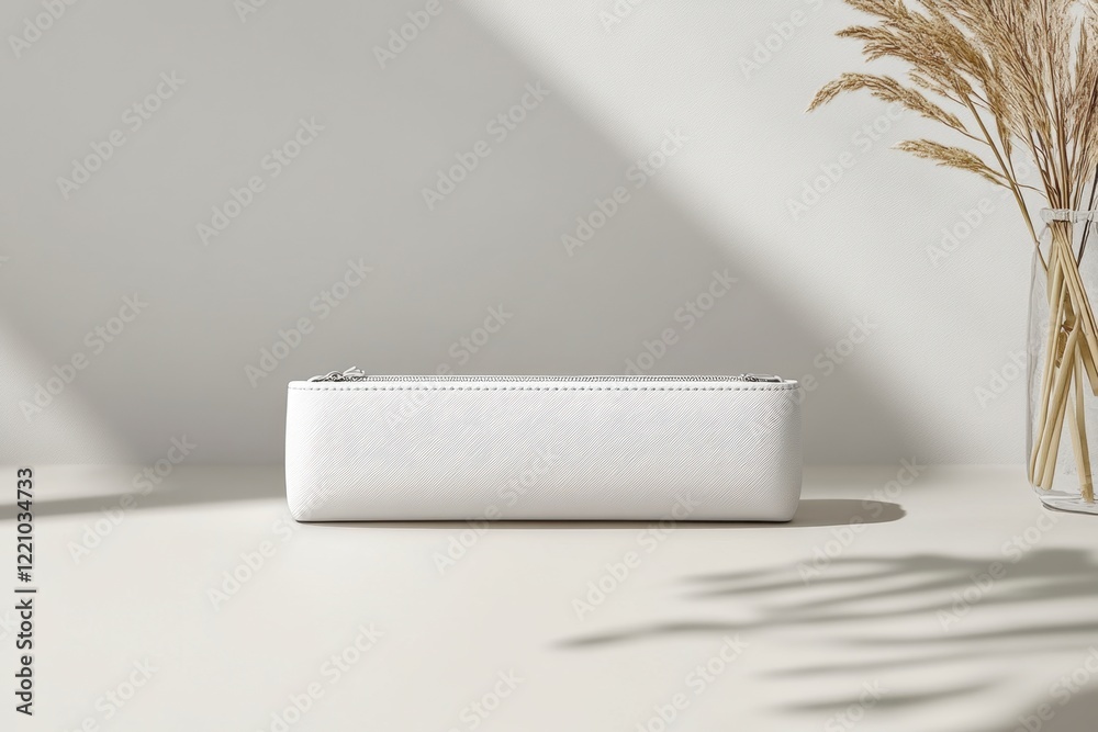 Fototapeta premium Elegant White Pencil Case on Minimalist Table with Dried Flowers