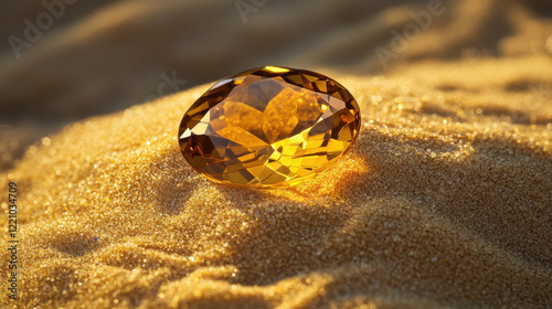 A Sparkling Golden Gemstone Rests Gently on a Bed of Golden Sand photo