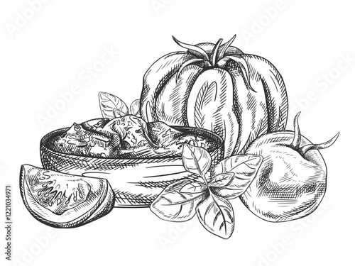 Vector illustration of tomato, basil, wooden dish with sauce. Organic fresh vegetables, healthy harvest. Ingredients, farming products. Hand drawn, line art style by black ink on isolated background