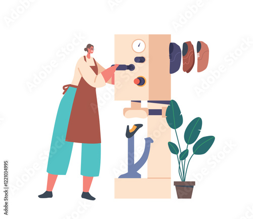 Shoemaker Professional Occupation Concept. Cobbler Artisan Character Making Footwear Using Special Equipment and Tools