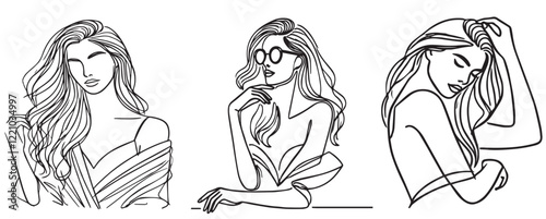 line art drawing fashion model girl set vector