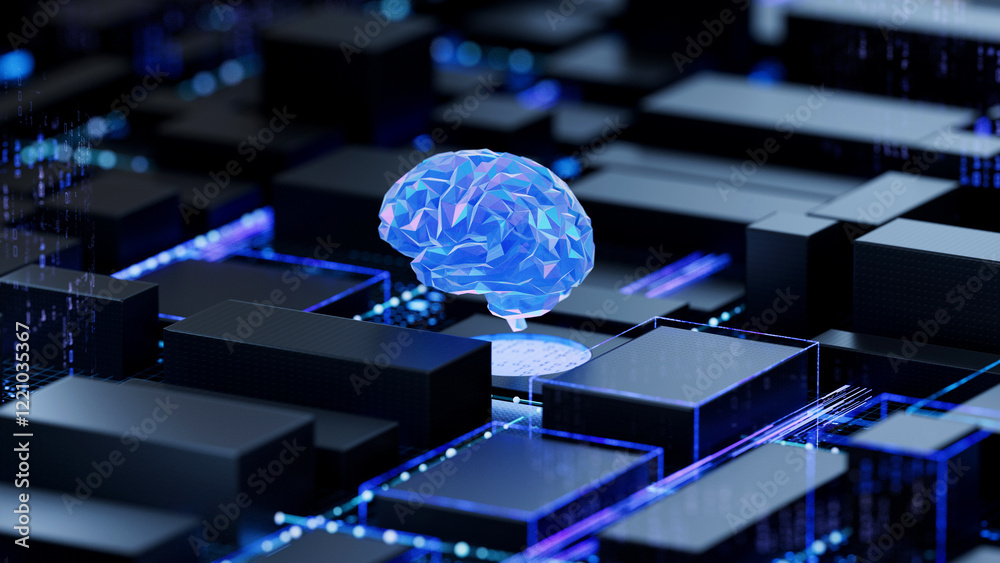 AI brain on circuit board symbolizes cognitive computing and technological intelligence. 3d rendering, conceptual image.