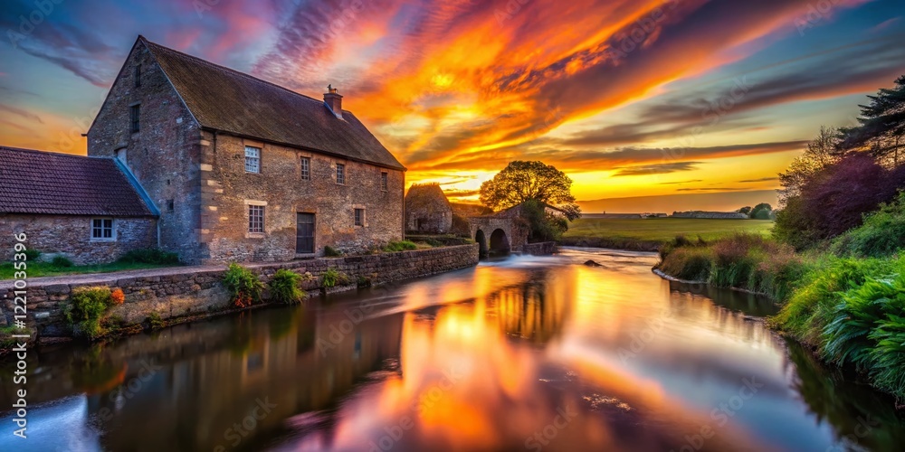 Fototapeta premium Silhouetted Watermill at Sunset, East Linton, Scotland