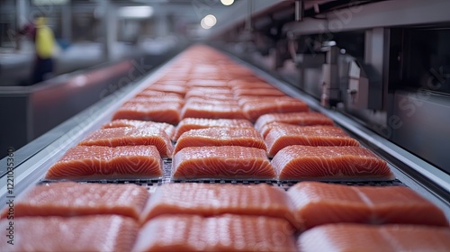 Slices of raw salmon on the conveyor belt of a processed food factory. photo