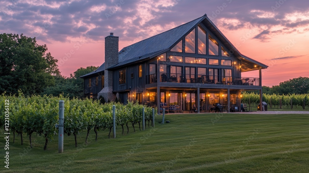 Obraz premium Modern Winery House Sunset Vineyard Landscape