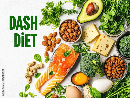 Wallpaper Mural Healthy DASH Diet Food Selection Including Salmon, Nuts, Avocado, Greens, Eggs, and Cheese on White Background Torontodigital.ca