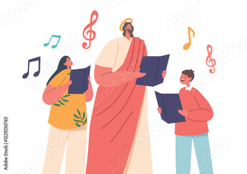 Jesus Character Surrounded By Joyful Children, Singing Chorals With Notes In Their Hands. A Heartwarming Scene