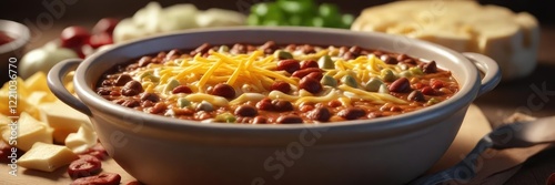 A bowl of savory chili filled with hearty beans and a generous helping of melted cheese , inviting, savory, indulgent