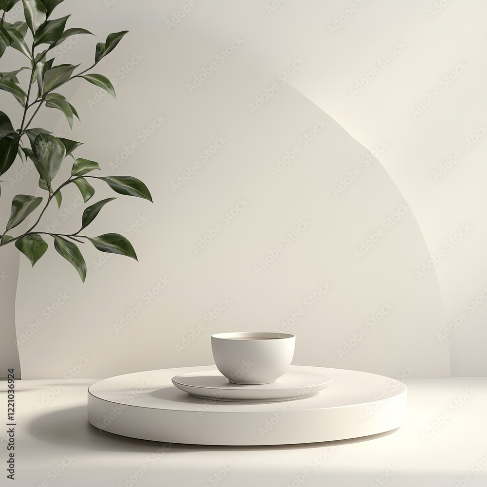 3d render of white round podium with green plant on the background 3d render of white round podium with green plant on the background