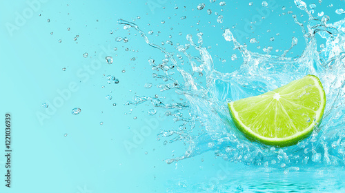 Lime Splash: A refreshing burst of citrus energy as a juicy lime wedge creates a dynamic splash in a pool of clear blue water. The image is perfect for drinks, healthy lifestyle.