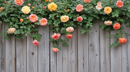 Peach and yellow roses cascading over wooden fence