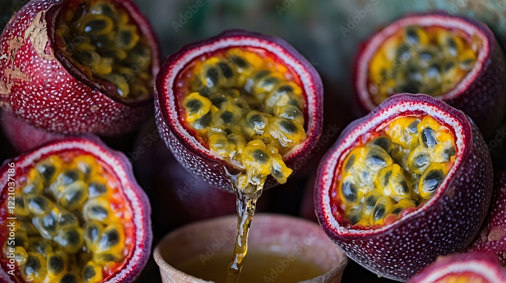 Fototapeta premium detailed close-up of passion fruit pulp and juice being poured into a cup, with seeds visible, showcasing its antioxidants and detoxifying properties. Passion fruit. superfood