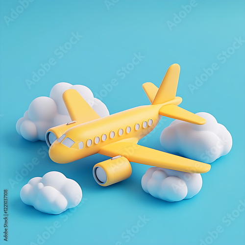 A yellow airplane flying on the white clouds