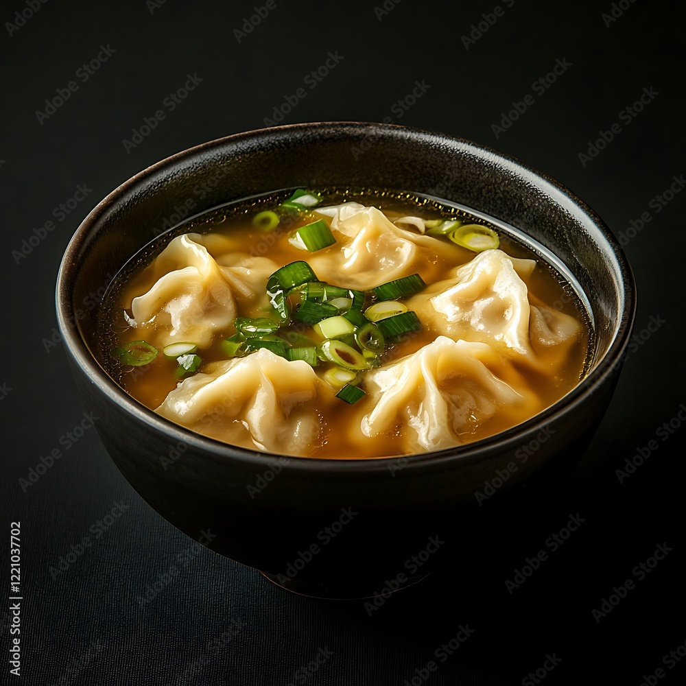 Chinese soup with dumplings in a bowl on a black background Chinese soup with dumplings in a bowl on a black background