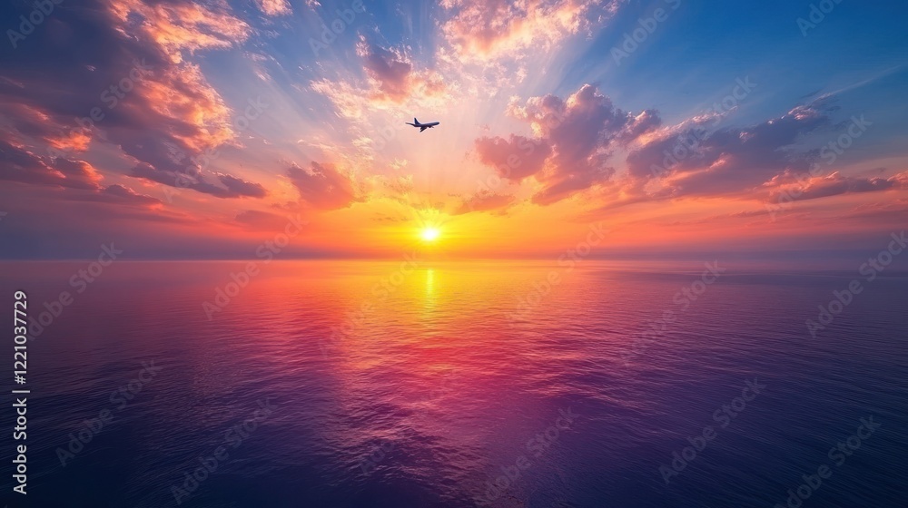 Obraz premium Airplane Soaring Above Ocean Sunset Colorful Sky