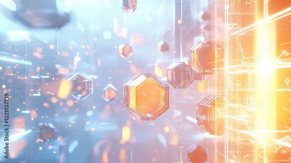 Abstract digital landscape with floating geometric shapes and glowing particles in a futuristic setting Abstract digital landscape with floating geometric shapes and glowing particles in a futuristic setting