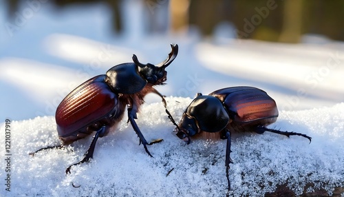 Male and female Cold-resistant beetles in the snow in the woods. photo