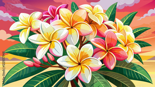 A beautiful bunch of tropical frangipani flowers. Plumeria blooms pink and yellow and white. Fresh spa flowers at sunset. Asian or carribean flower 