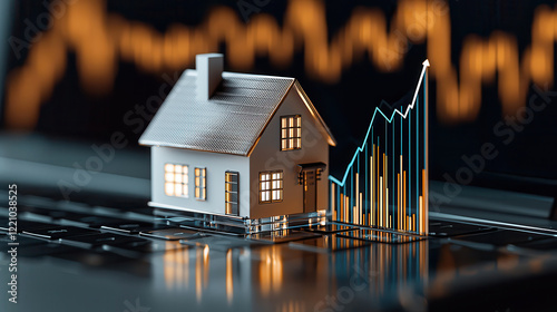 3D model of white house placed on dark laptop keyboard, with rising graph in background, symbolizes real estate growth and investment opportunities