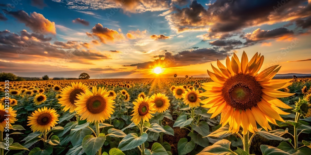 Obraz premium Silhouette of Sunflowers at Sunset: Copy Space for Text and Design