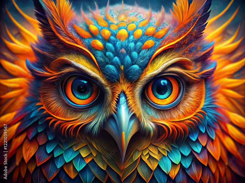 Surreal Colorful Owl Head with Rainbow Eyes - Vibrant Fantasy Bird Portrait Surreal Colorful Owl Head with Rainbow Eyes - Vibrant Fantasy Bird Portrait