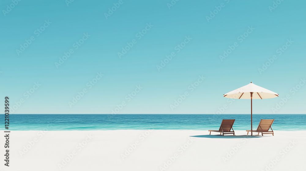 A panoramic view of the pristine white sandy beach , beach chairs and umbrella , beach chairs and umbrella on the beach A panoramic view of the pristine white sandy beach , beach chairs and umbrella , beach chairs and umbrella on the beach