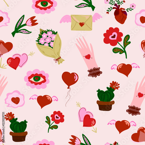 Cartoon style. Festive seamless pattern. Valentine's Day, 14 Feb. Vector background