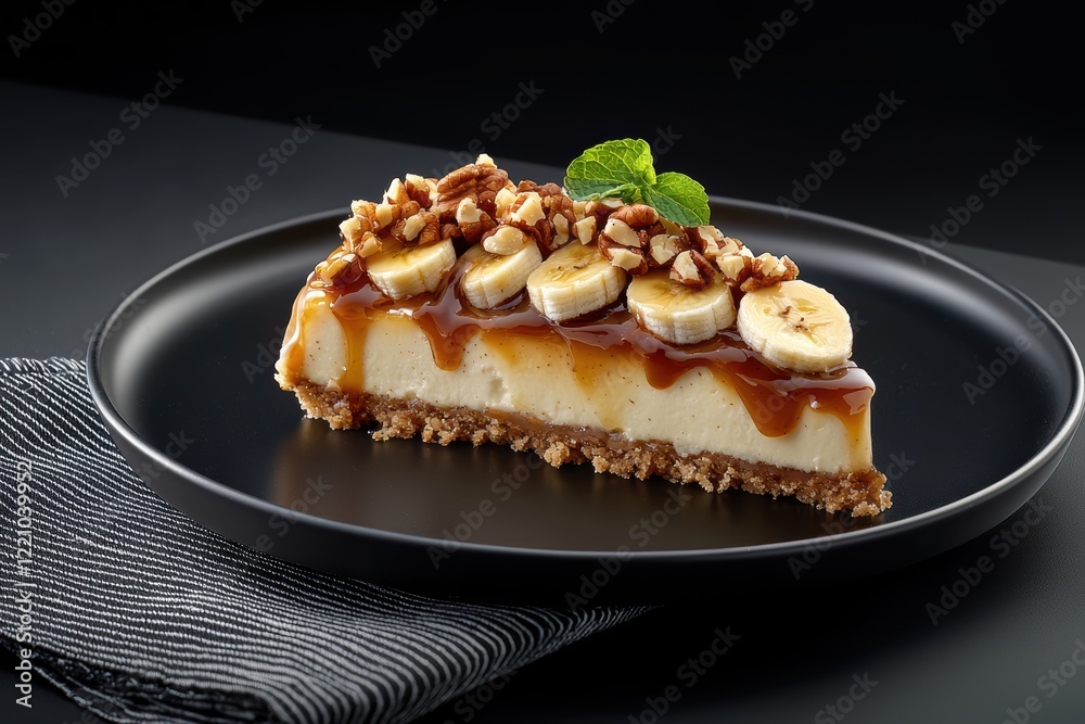 Banana caramel cheesecake slice with a crunchy crust, topped with fresh banana slices, caramel drizzle, and chopped nuts, elegantly presented on a black plate