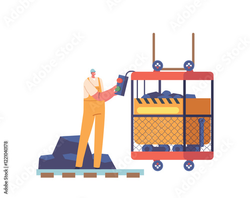 Coal Mining, Extraction Industry Concept. Miner Character Load Coal in Elevator. Engineer Work on Quarry with Transport