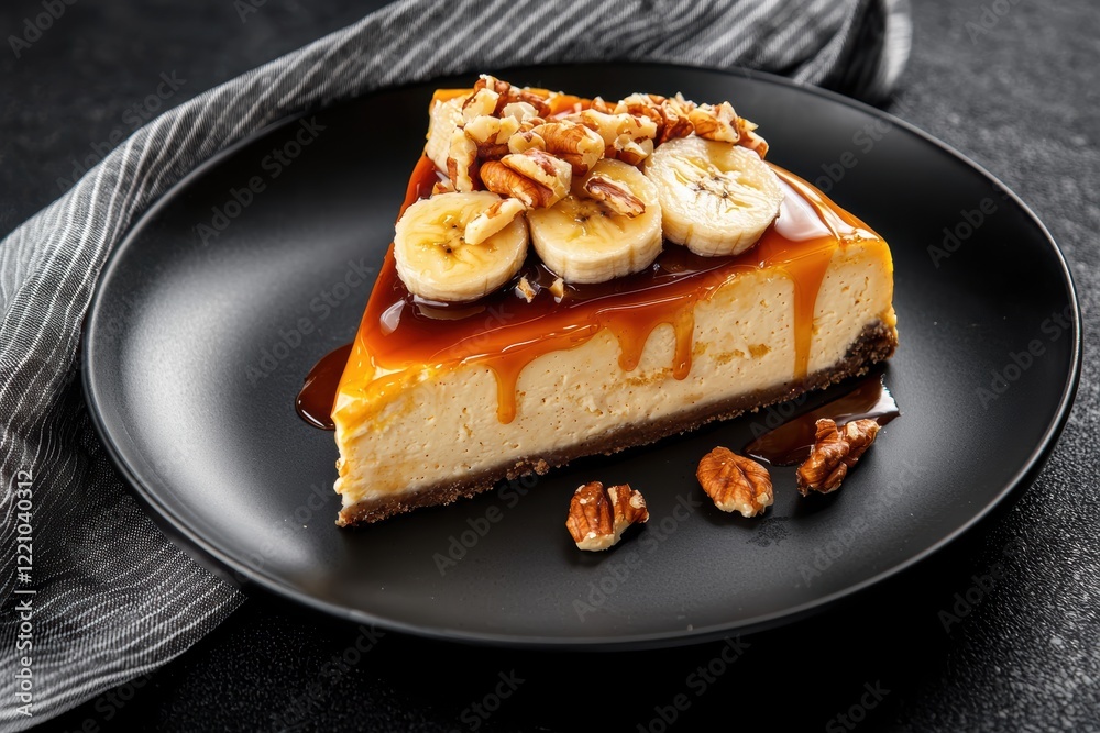 Banana caramel cheesecake slice with a crunchy crust, topped with fresh banana slices, caramel drizzle, and chopped nuts, elegantly presented on a black plate Banana caramel cheesecake slice with a crunchy crust, topped with fresh banana slices, caramel drizzle, and chopped nuts, elegantly presented on a black plate