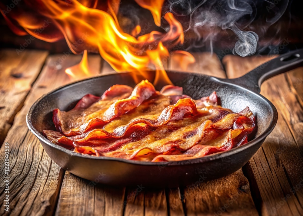 Sizzling Bacon: Crispy Strips Frying in a Hot Pan - Landscape Stock Photo Sizzling Bacon: Crispy Strips Frying in a Hot Pan - Landscape Stock Photo