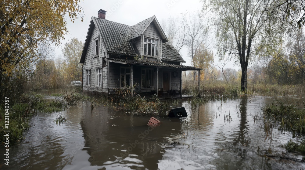Rural home devastated by severe flooding elevated viewpoint captures the outdoor environmental crisis Rural home devastated by severe flooding elevated viewpoint captures the outdoor environmental crisis