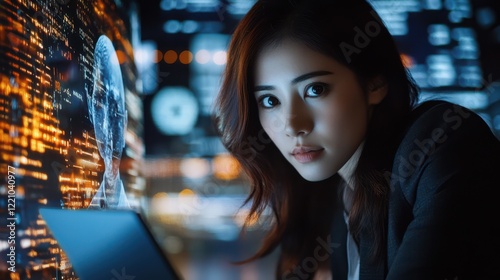 A businesswoman using a laptop, surrounded by a high-tech biometric scanning hologram and face-swapping interface. photo
